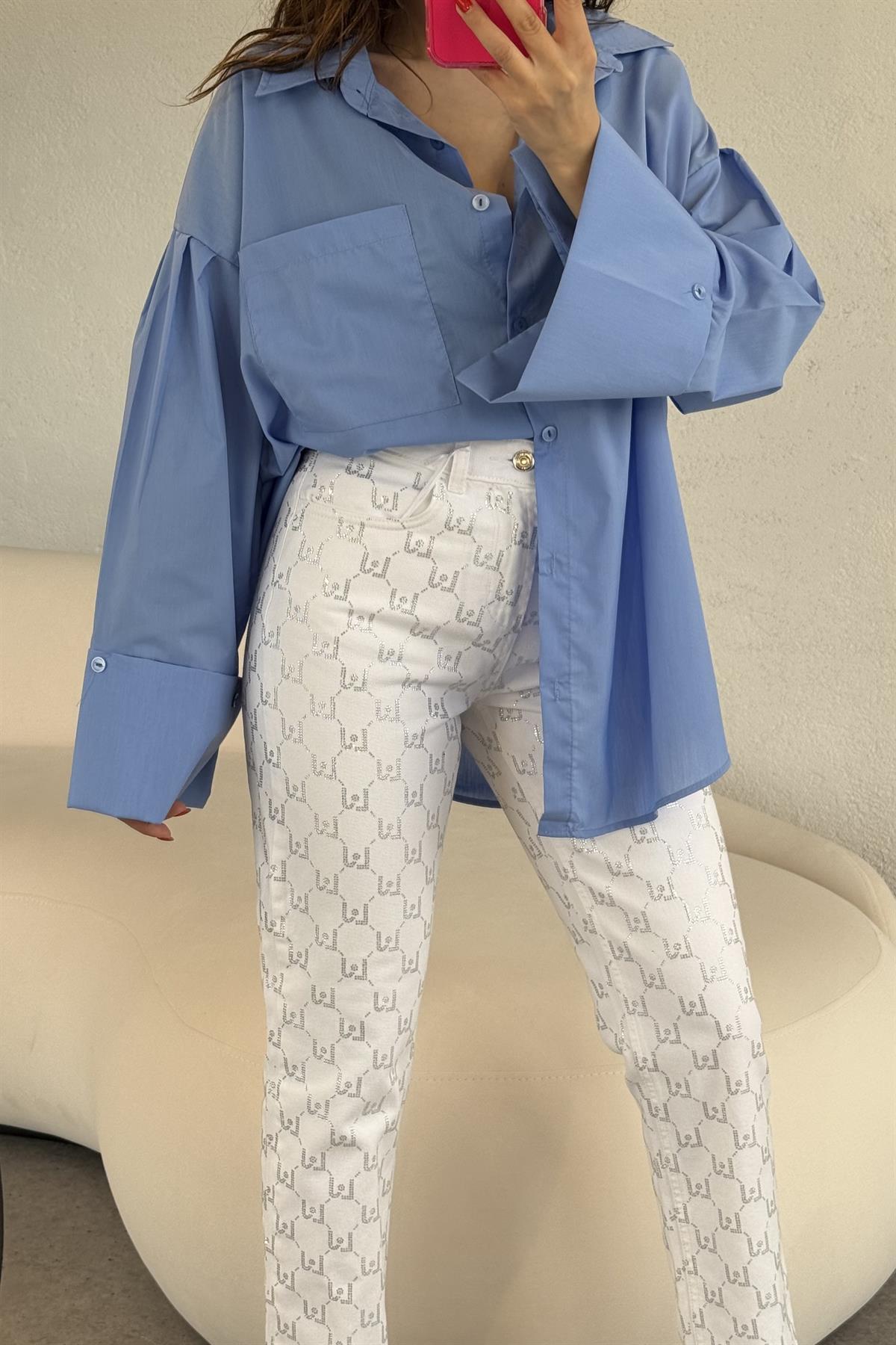 Tulip Mavi Kolları Manşet Detaylı Gömlek