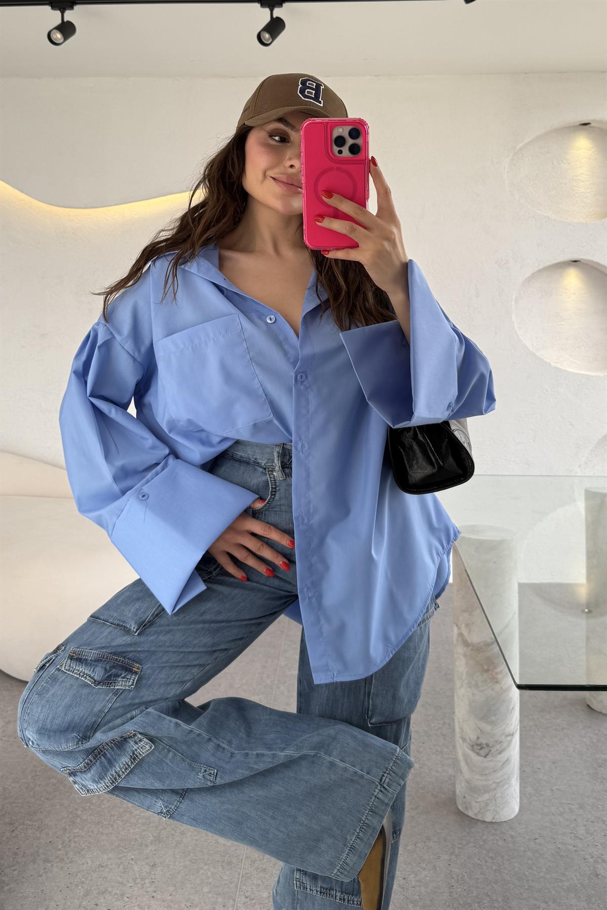 Tulip Mavi Kolları Manşet Detaylı Gömlek