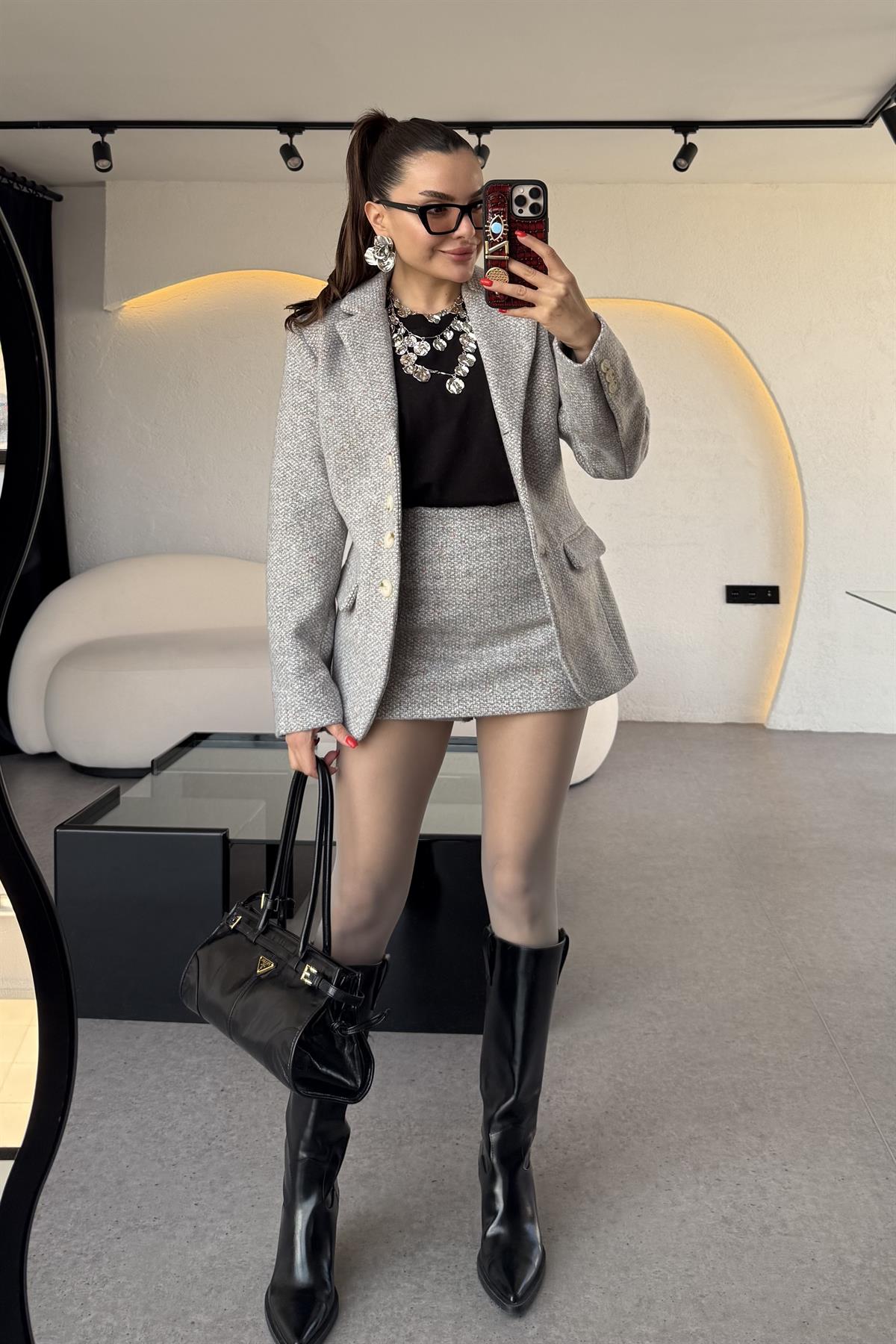 Tweed Gri İçi Şortlu Etek Takım 