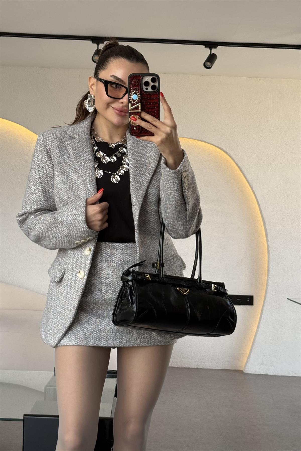 Tweed Gri İçi Şortlu Etek Takım 