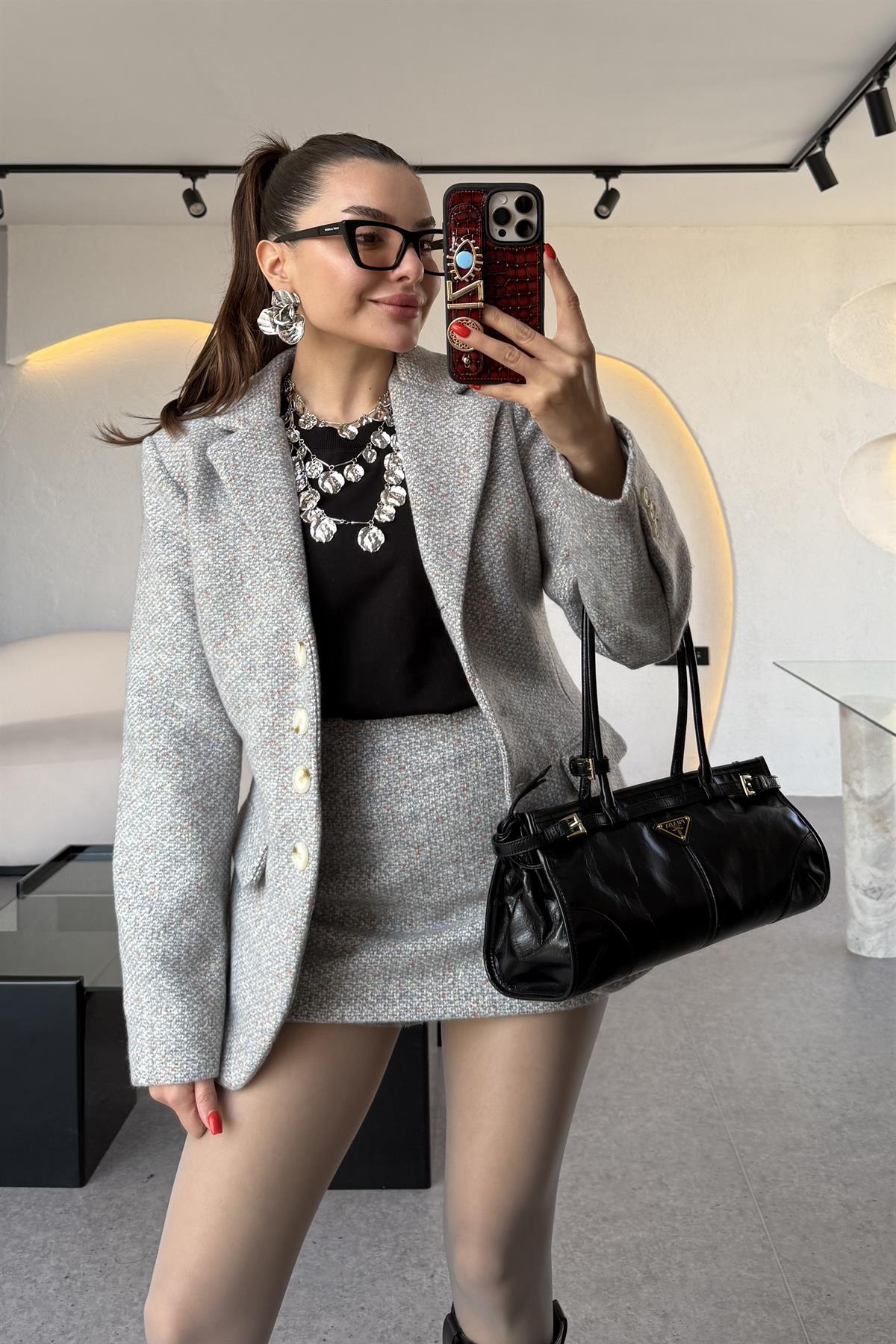 Tweed Gri İçi Şortlu Etek Takım 