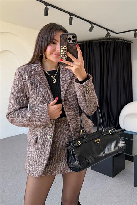 Tweed Kahve İçi Şortlu Etek Takım 