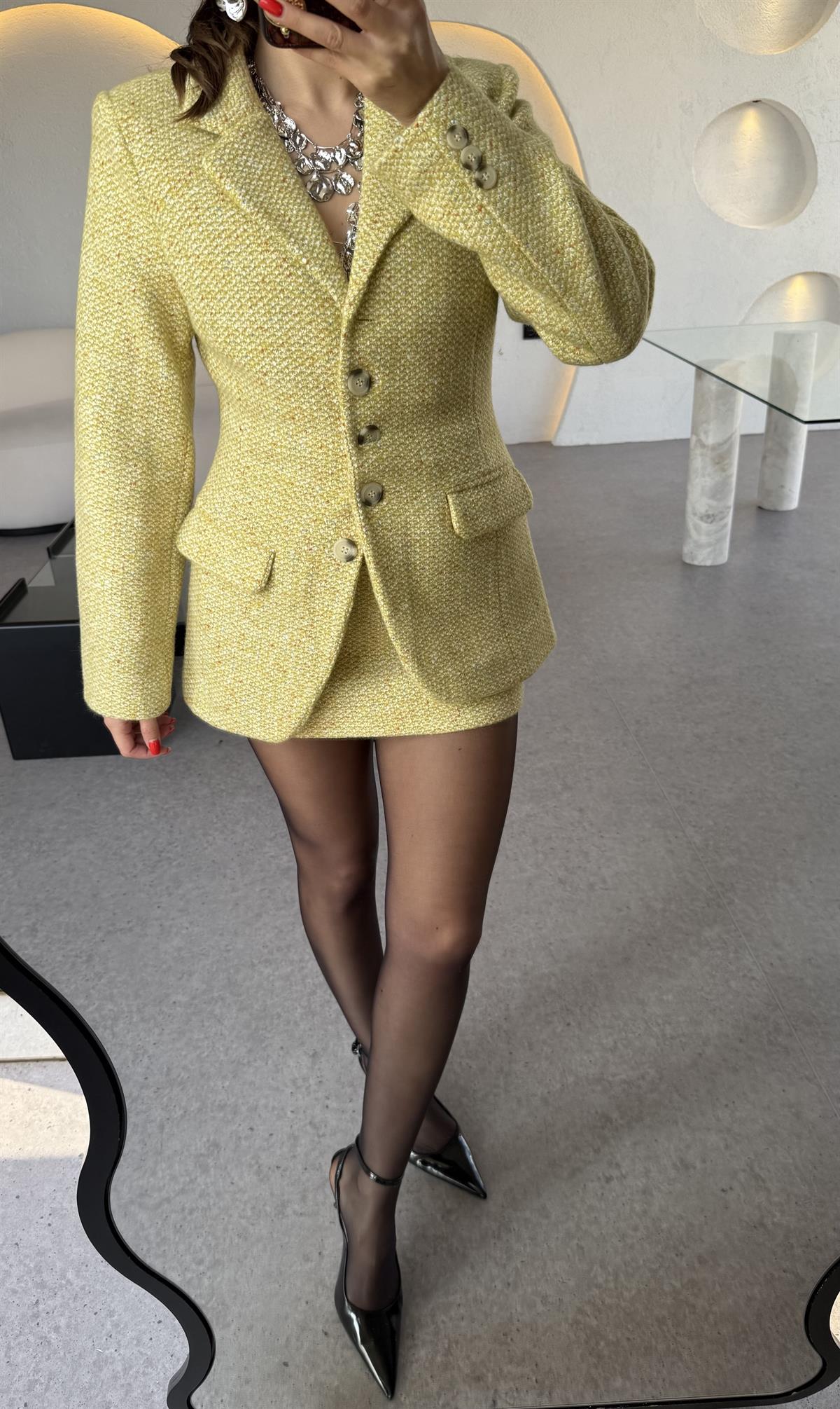 Tweed Sarı İçi Şortlu Etek Takım 