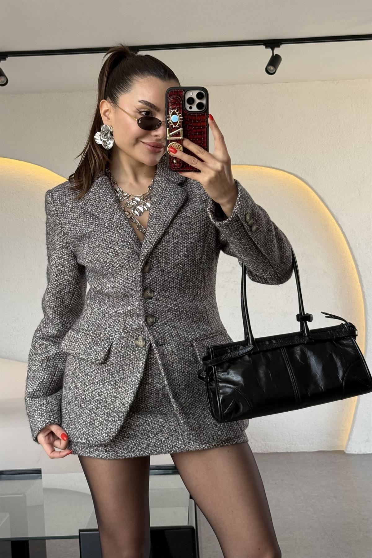 Tweed Siyah İçi Şortlu Etek Takım 