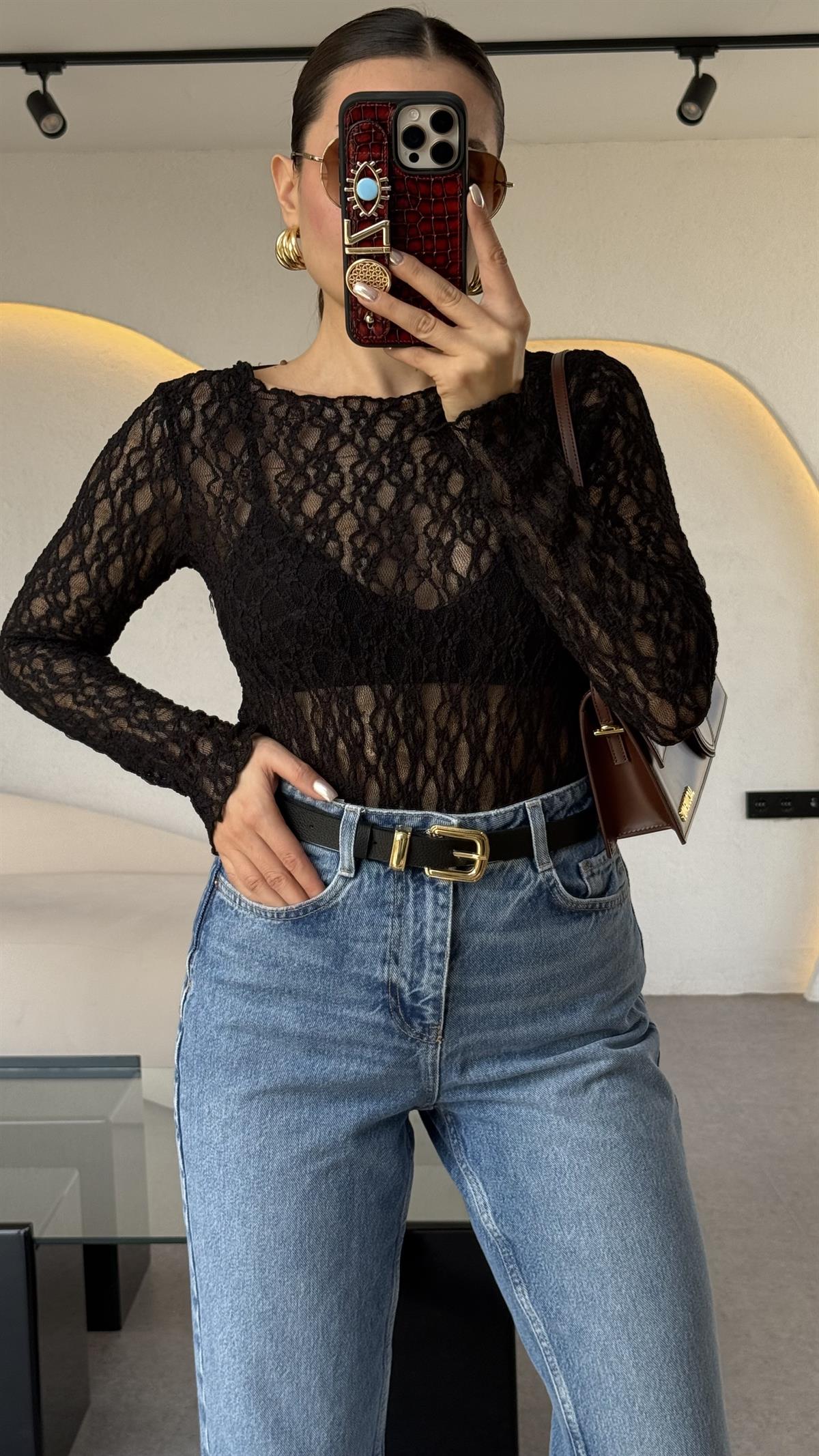 Twente Siyah Dantel Bluz