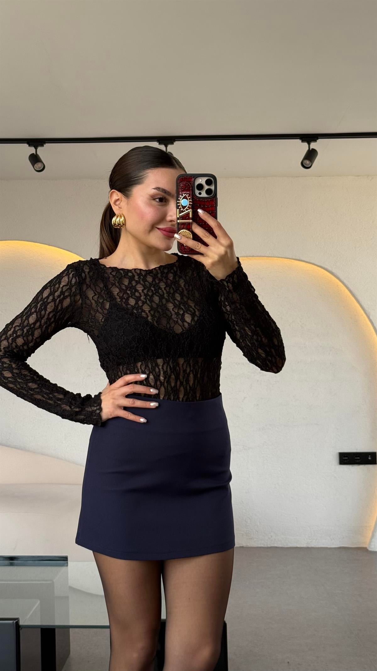 Twente Siyah Dantel Bluz