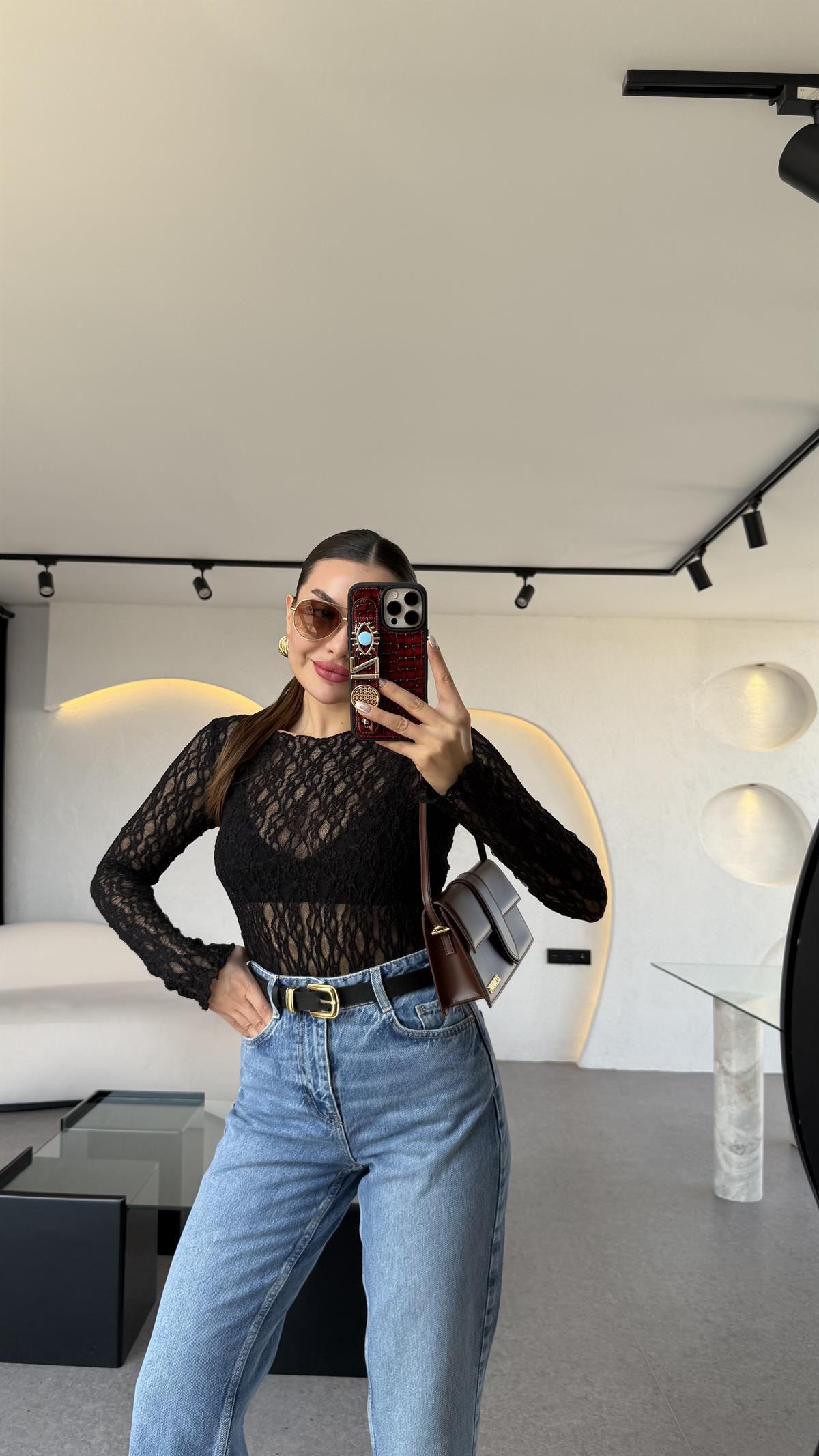 Twente Siyah Dantel Bluz