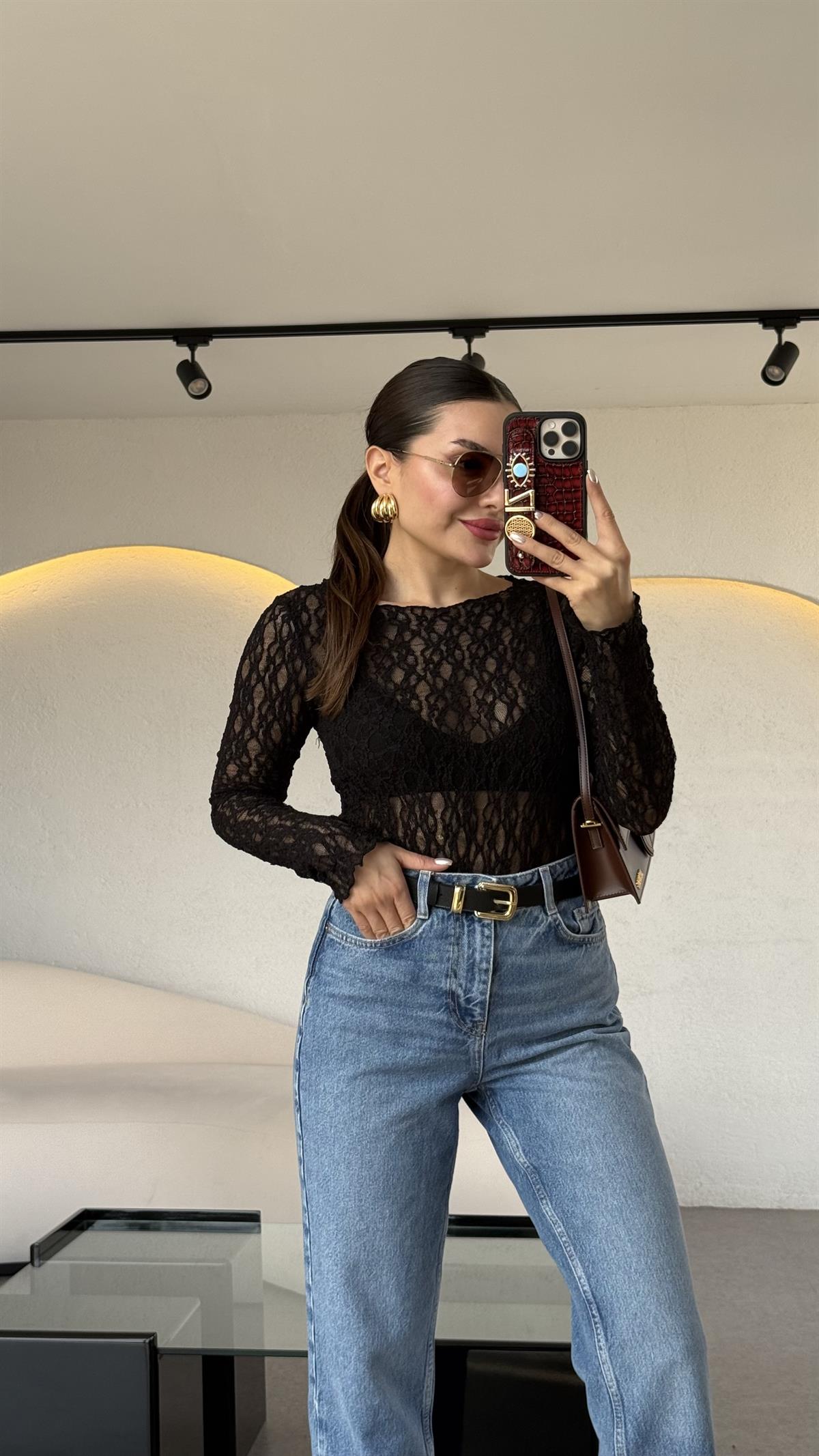 Twente Siyah Dantel Bluz