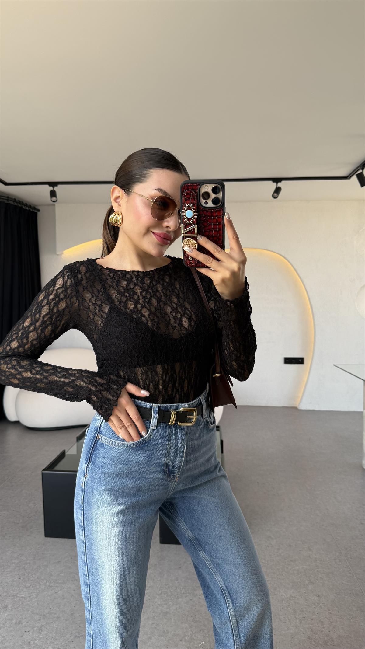 Twente Siyah Dantel Bluz