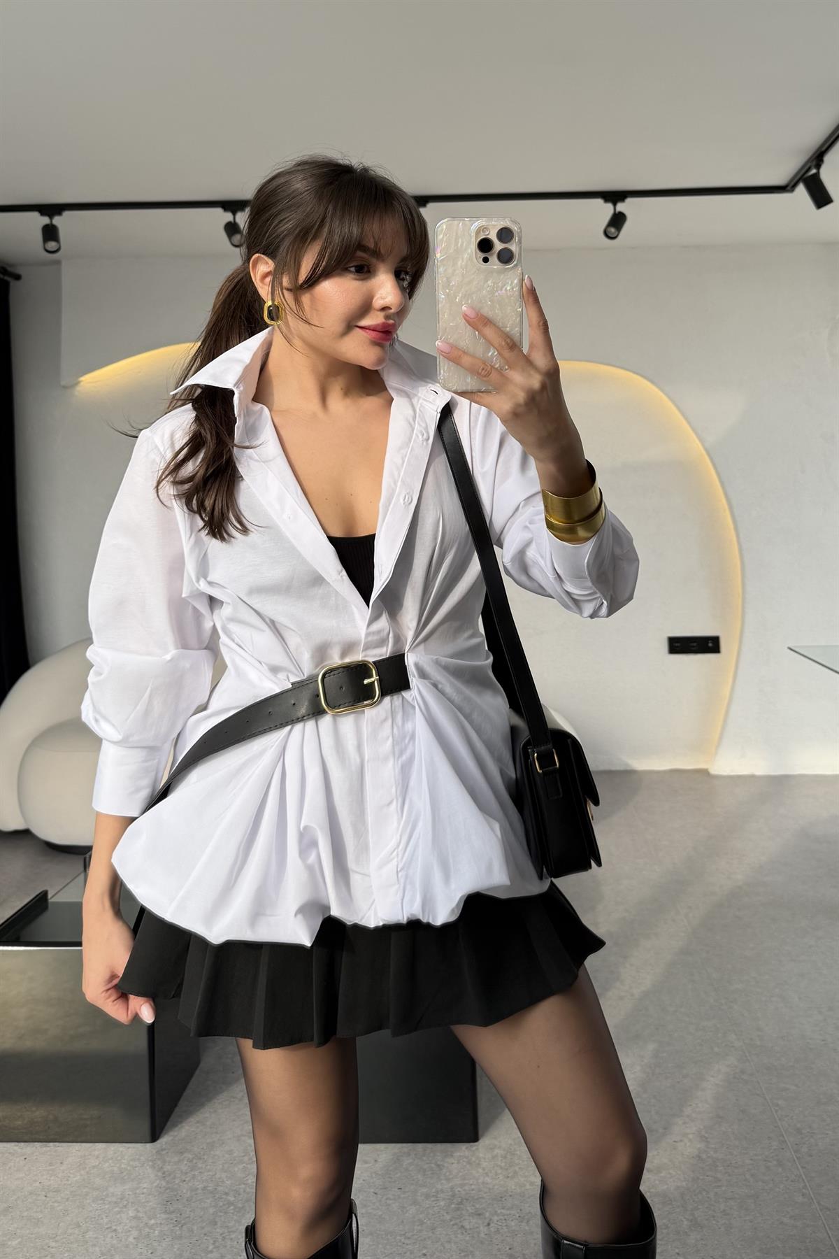 Tyler Beyaz Kendinden Kemerli Balon Gömlek