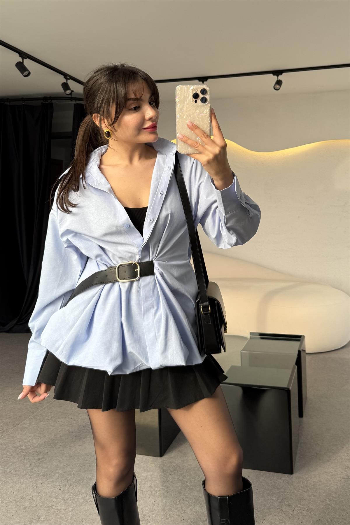 Tyler Mavi Kendinden Kemerli Balon Gömlek