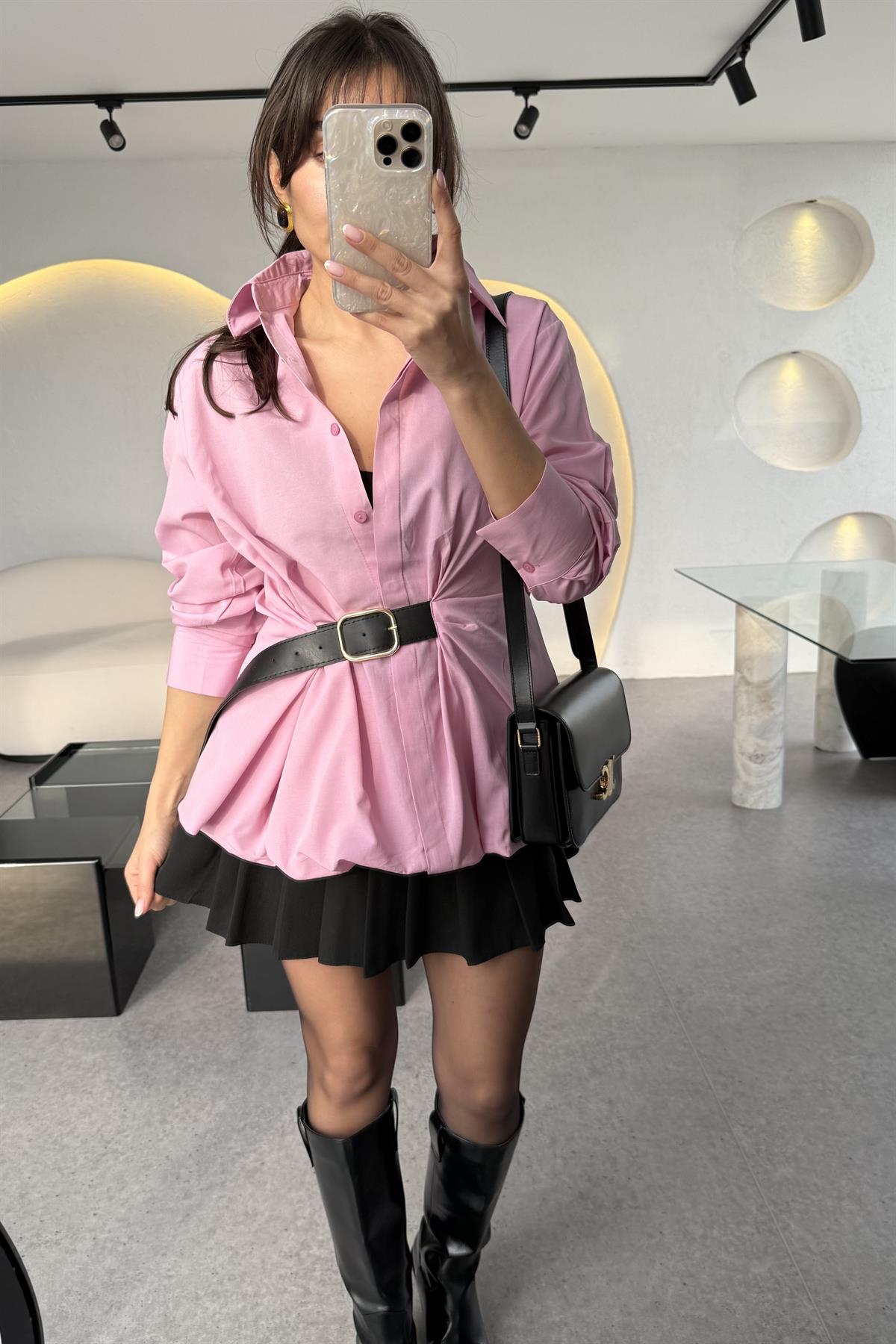 Tyler Pembe Kendinden Kemerli Balon Gömlek