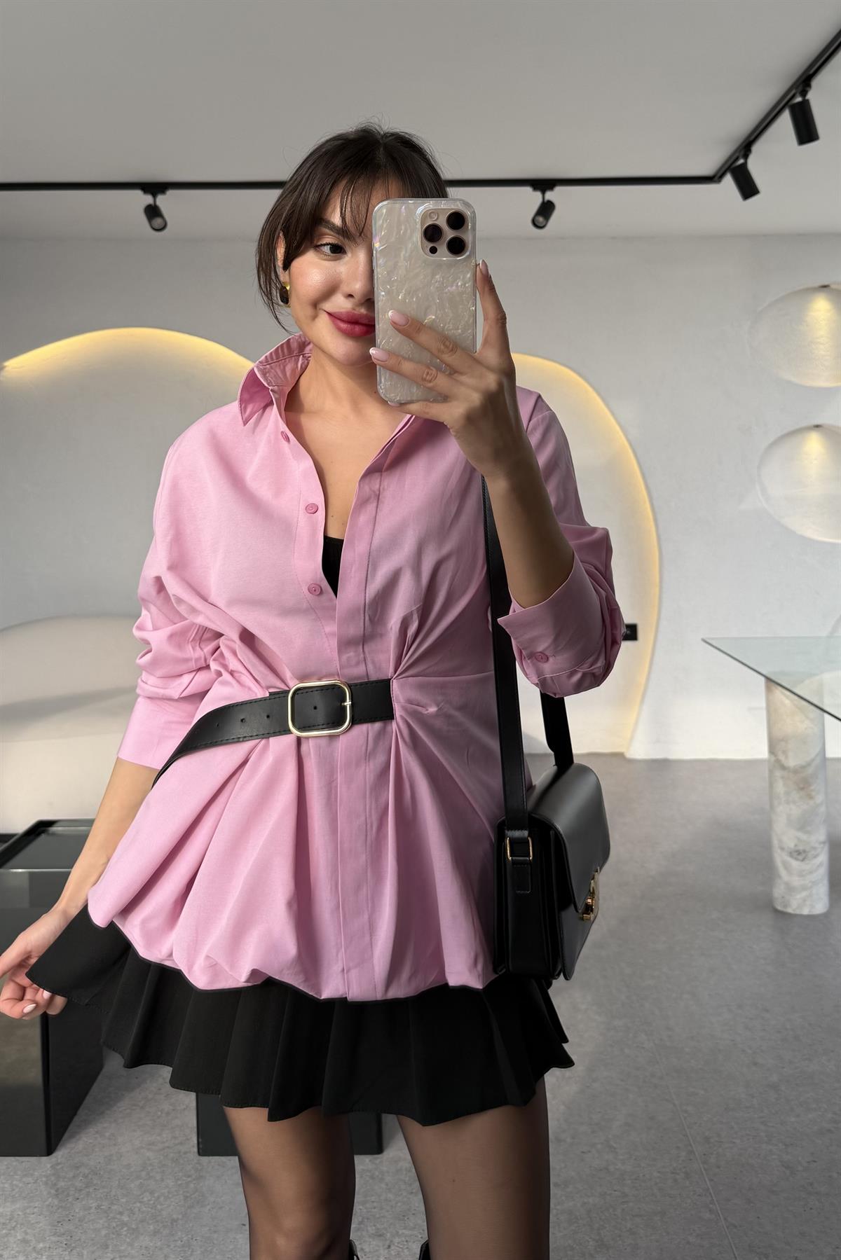 Tyler Pembe Kendinden Kemerli Balon Gömlek