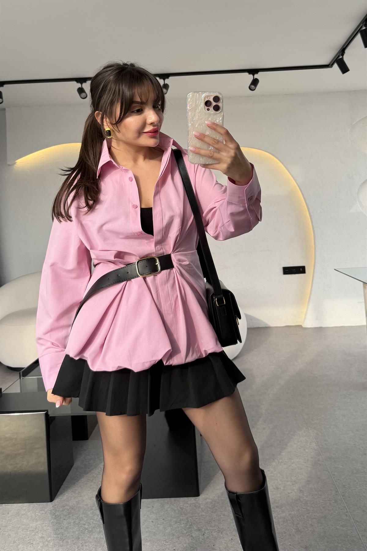 Tyler Pembe Kendinden Kemerli Balon Gömlek