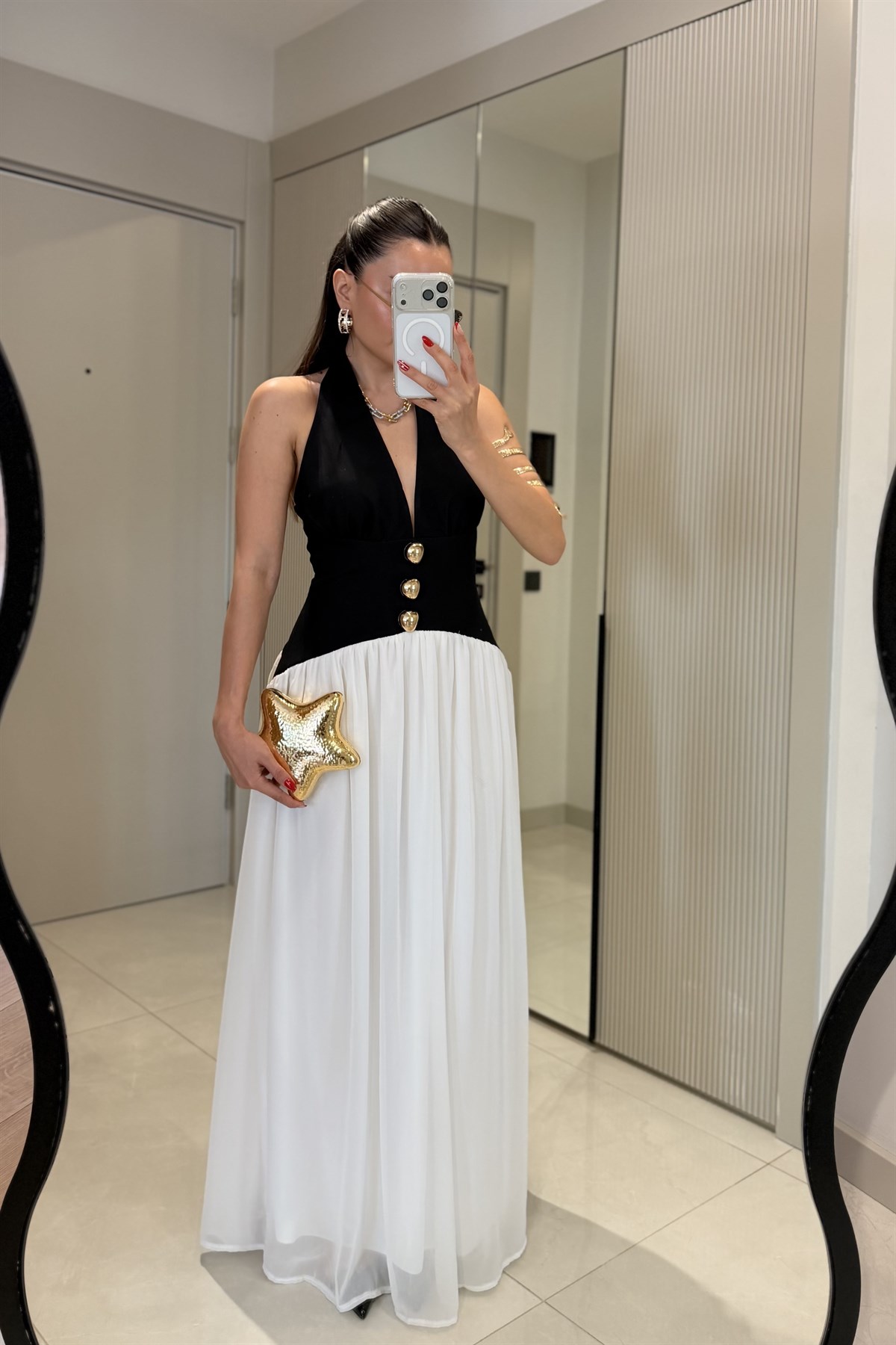 Tylie Gold Düğme Detaylı Kontrast Maxi Elbise
