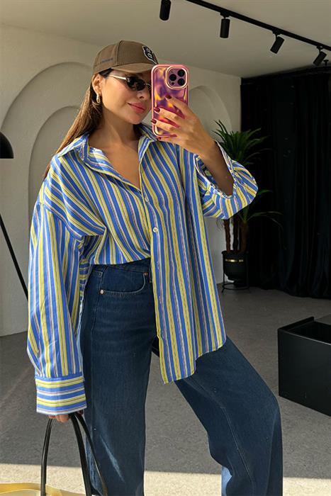 Tylie Neon Çizgili Mavi Gömlek 