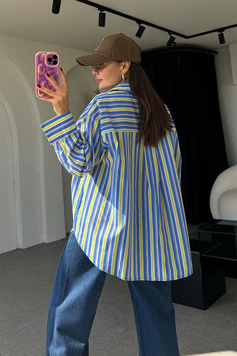 Tylie Neon Çizgili Mavi Gömlek 