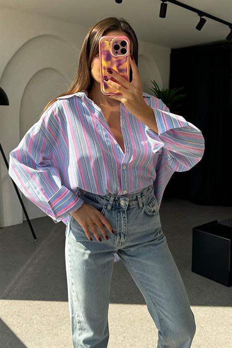 Tylie Neon Çizgili Pembe Gömlek 