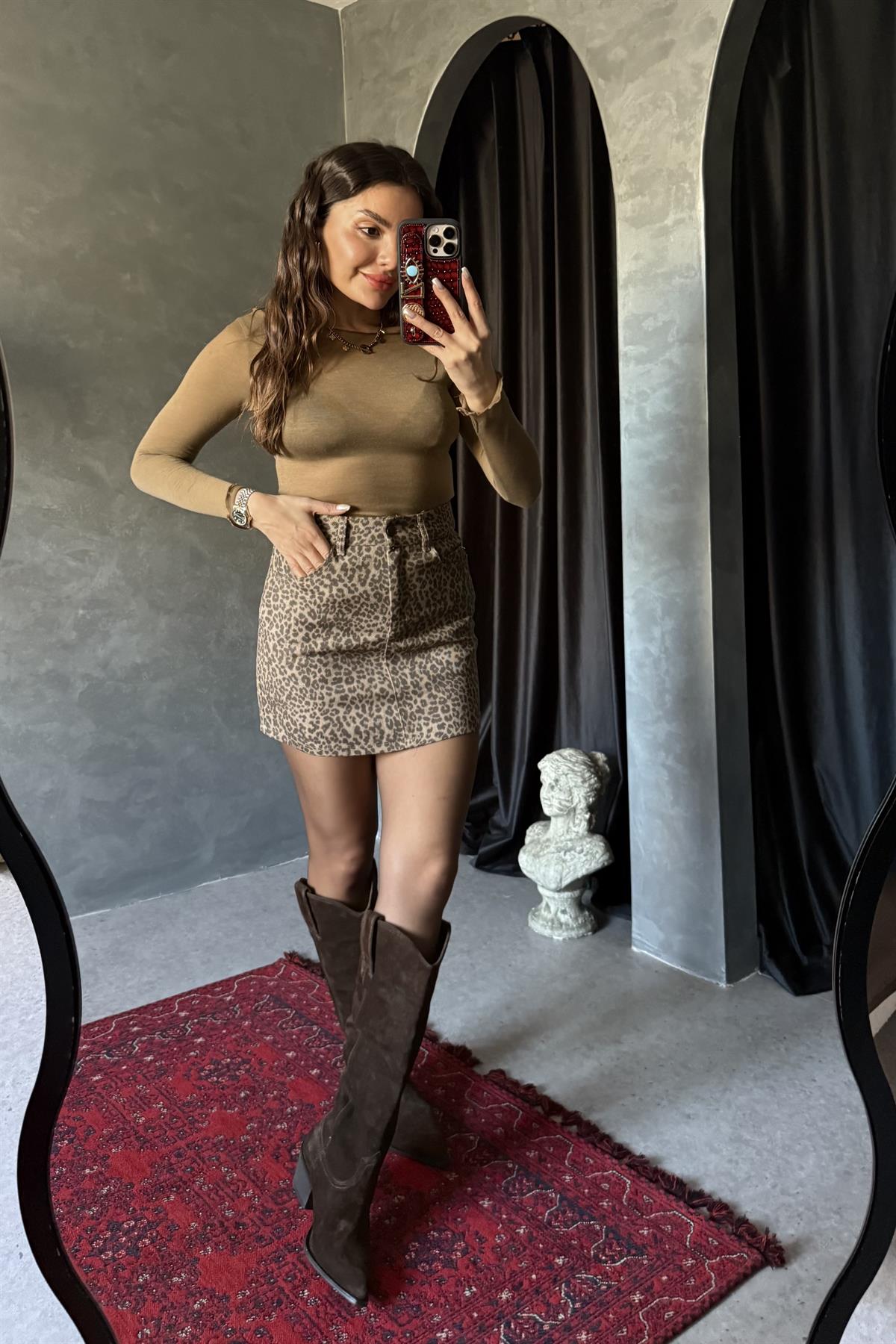 Uganda Kahve Leopar Mini Etek 