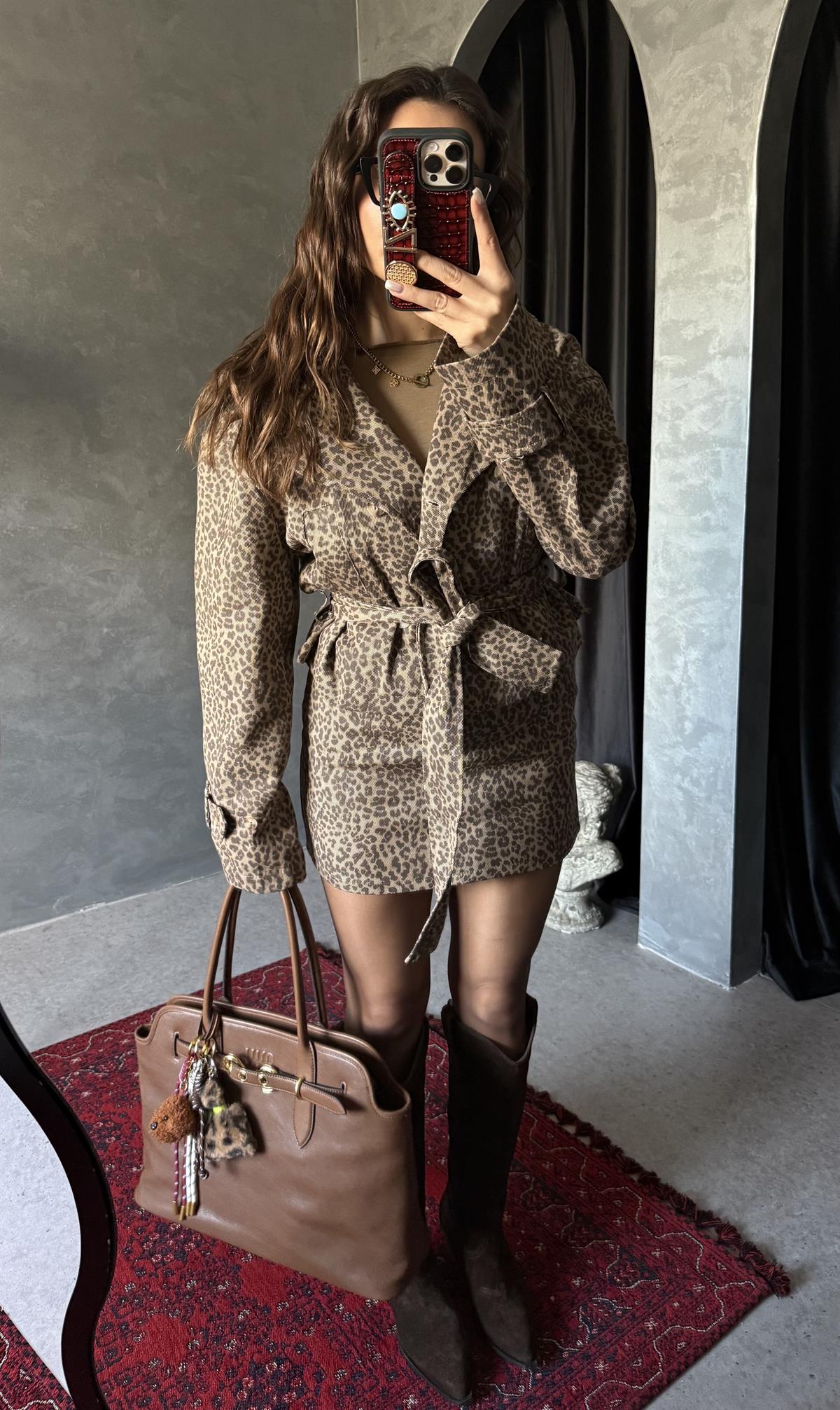 Uganda Kahve Leopar Mini Etek 