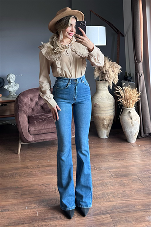 Ultra yüksek bel midblue ispanyol jean