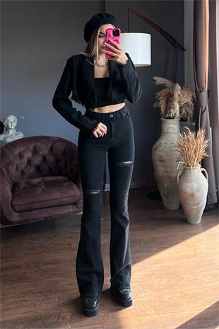 Utica yırtıklı siyah ispanyol jean