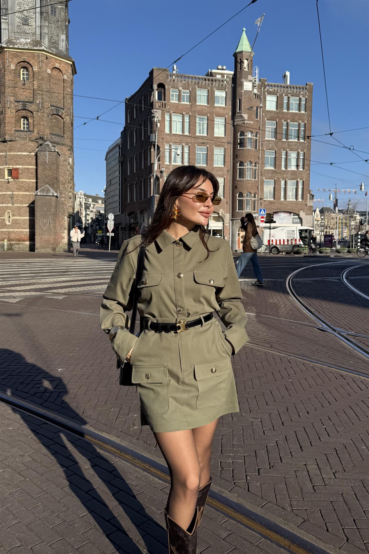 Utrech Haki Gold Düğmeli Etek