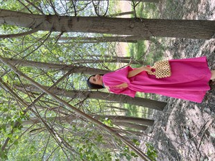 V yaka keten pembe elbise 