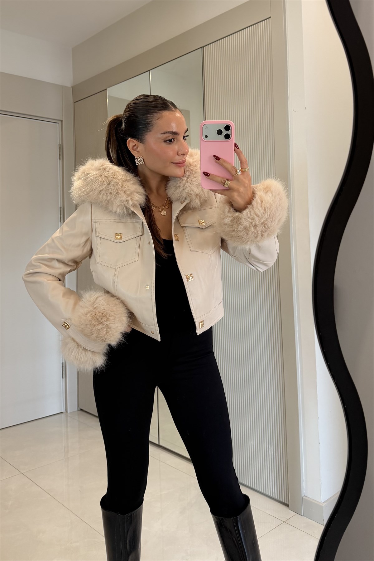 Valeria Bej İçi Kürk Astarlı Premium Deri Mont