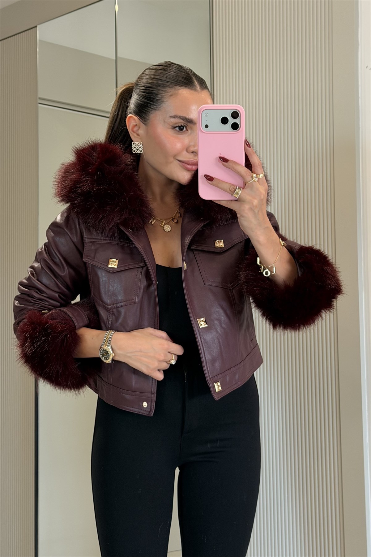 Valeria Bordo İçi Kürk Astarlı Premium Deri Mont