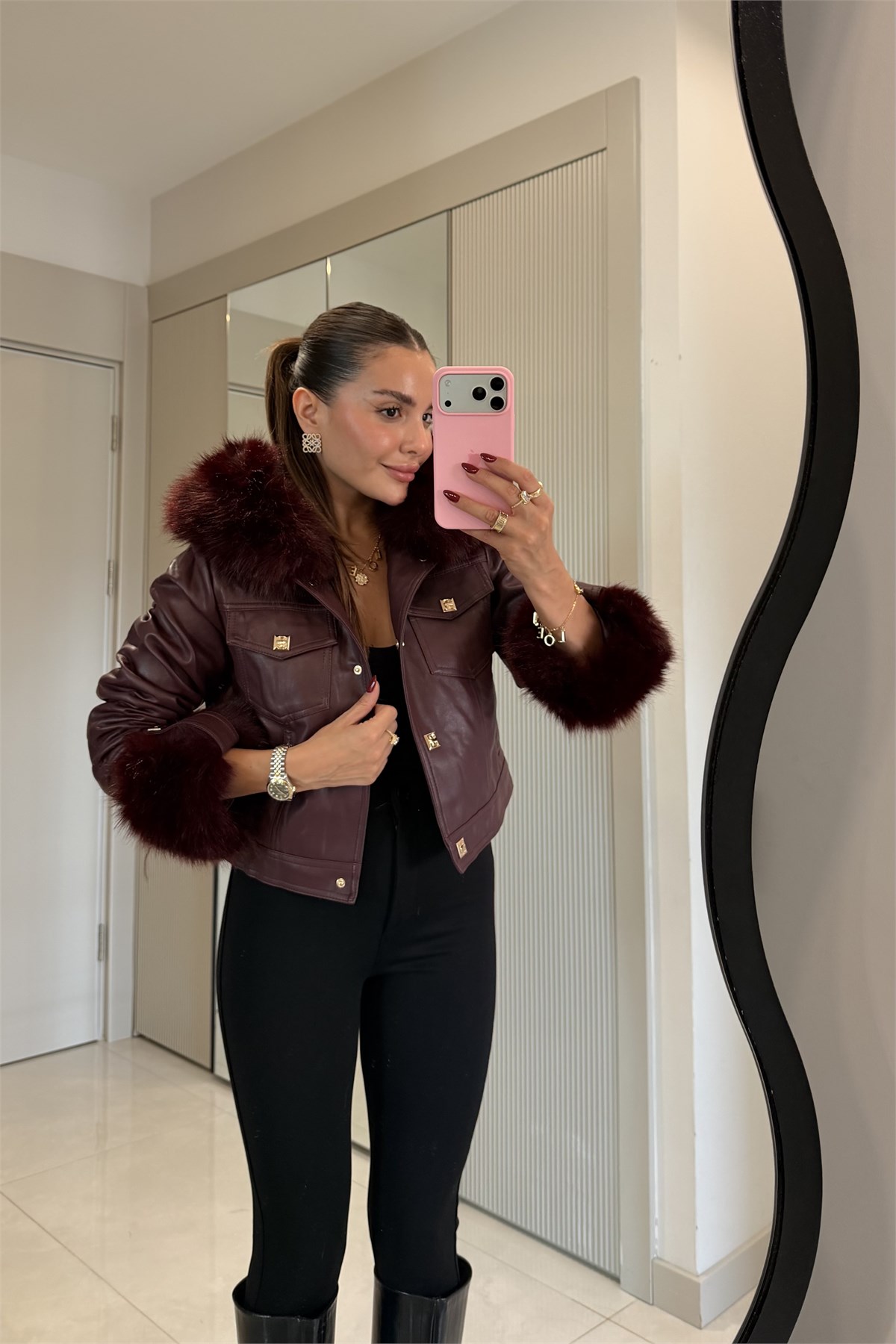 Valeria Bordo İçi Kürk Astarlı Premium Deri Mont