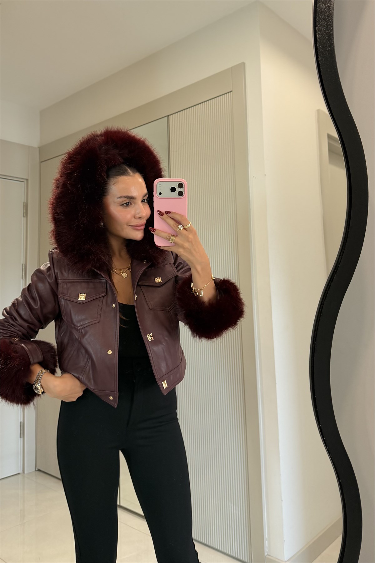 Valeria Bordo İçi Kürk Astarlı Premium Deri Mont