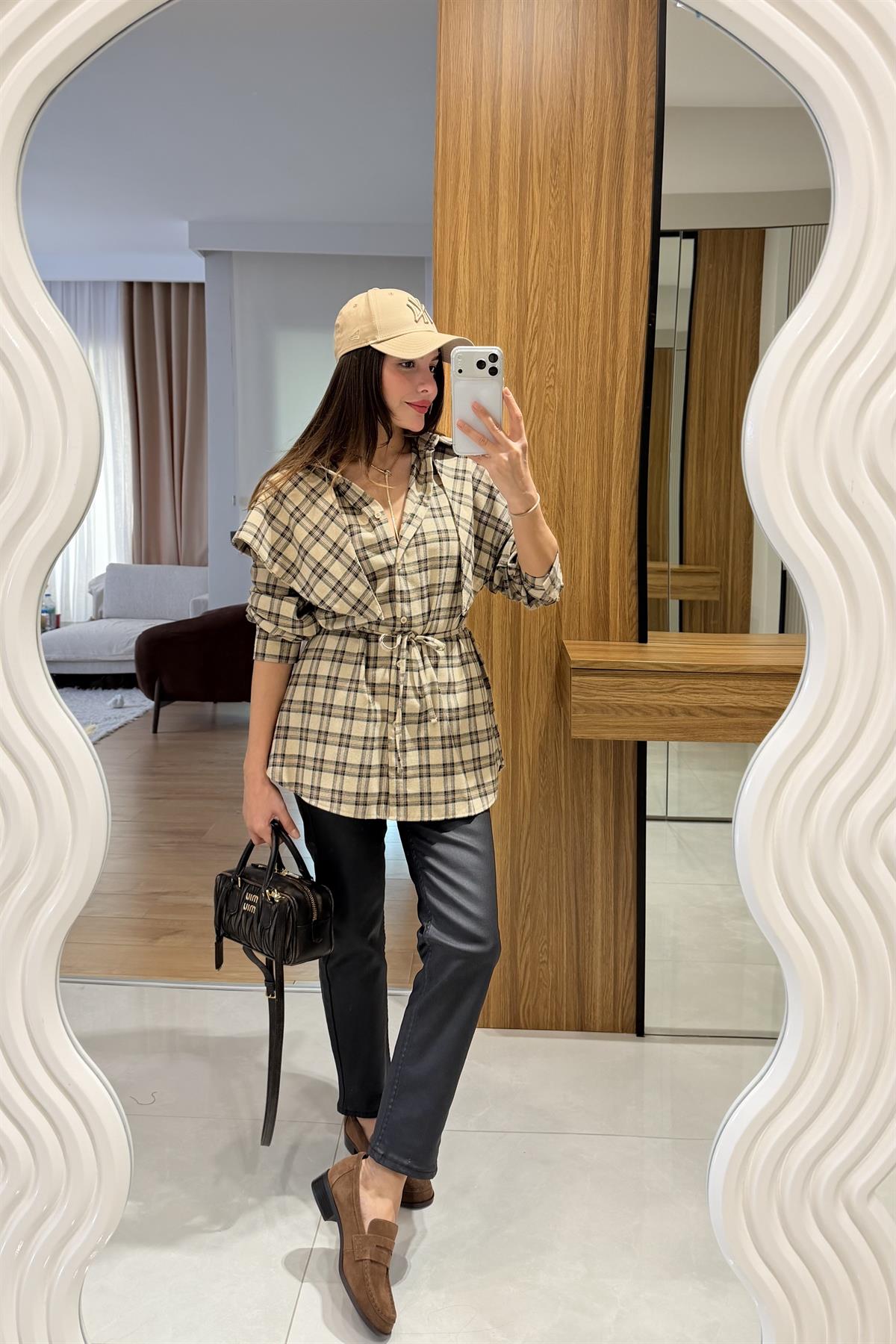 Valeria Ekru Şallı Ekose Gömlek