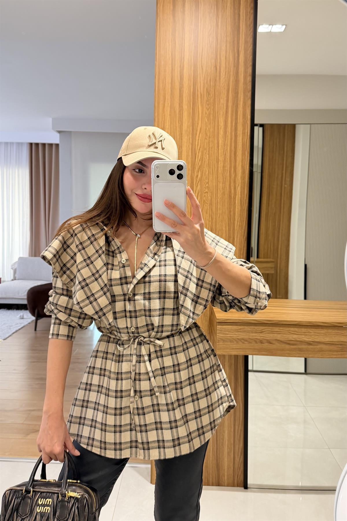 Valeria Ekru Şallı Ekose Gömlek