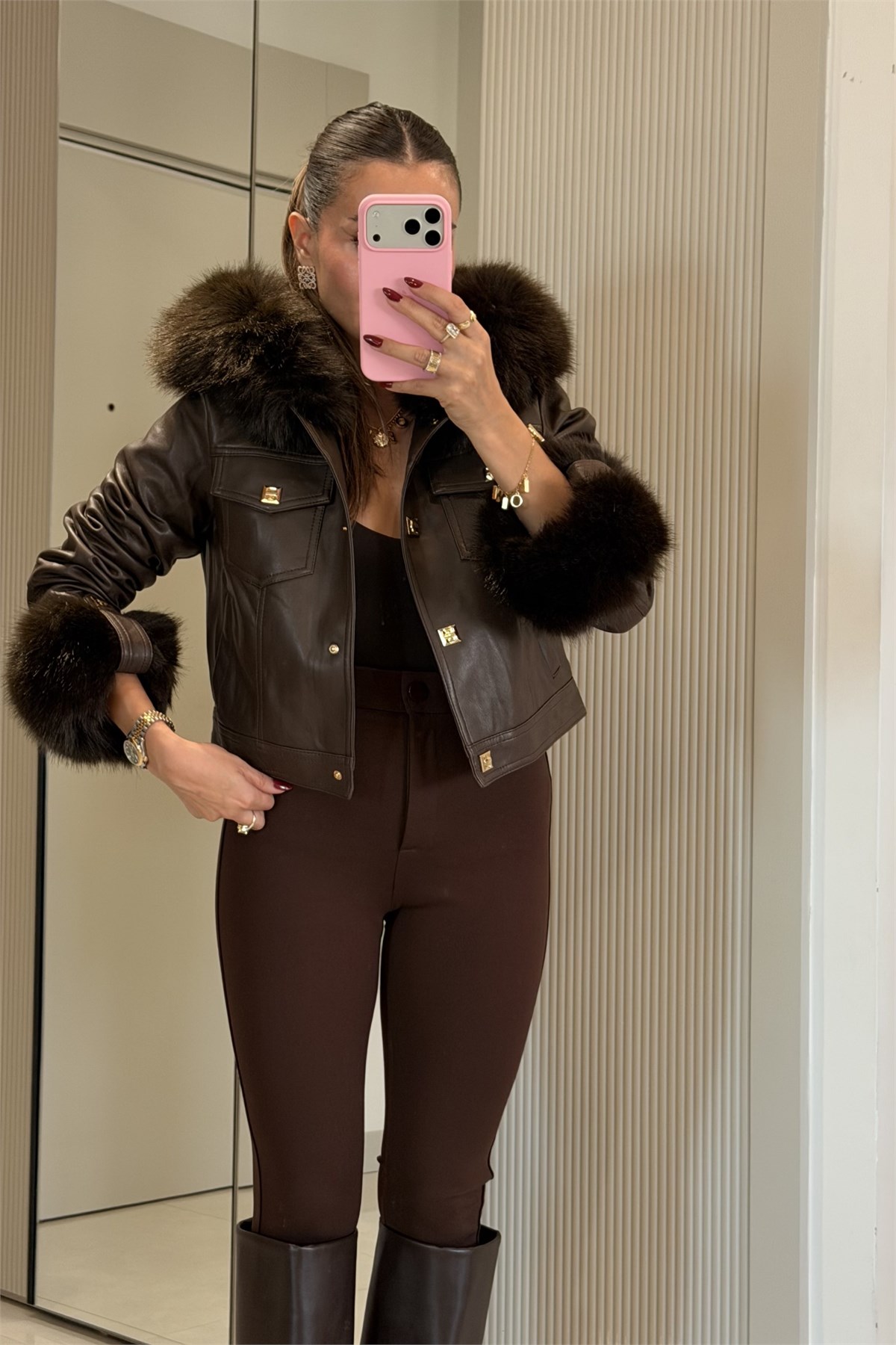 Valeria Kahve İçi Kürk Astarlı Premium Deri Mont