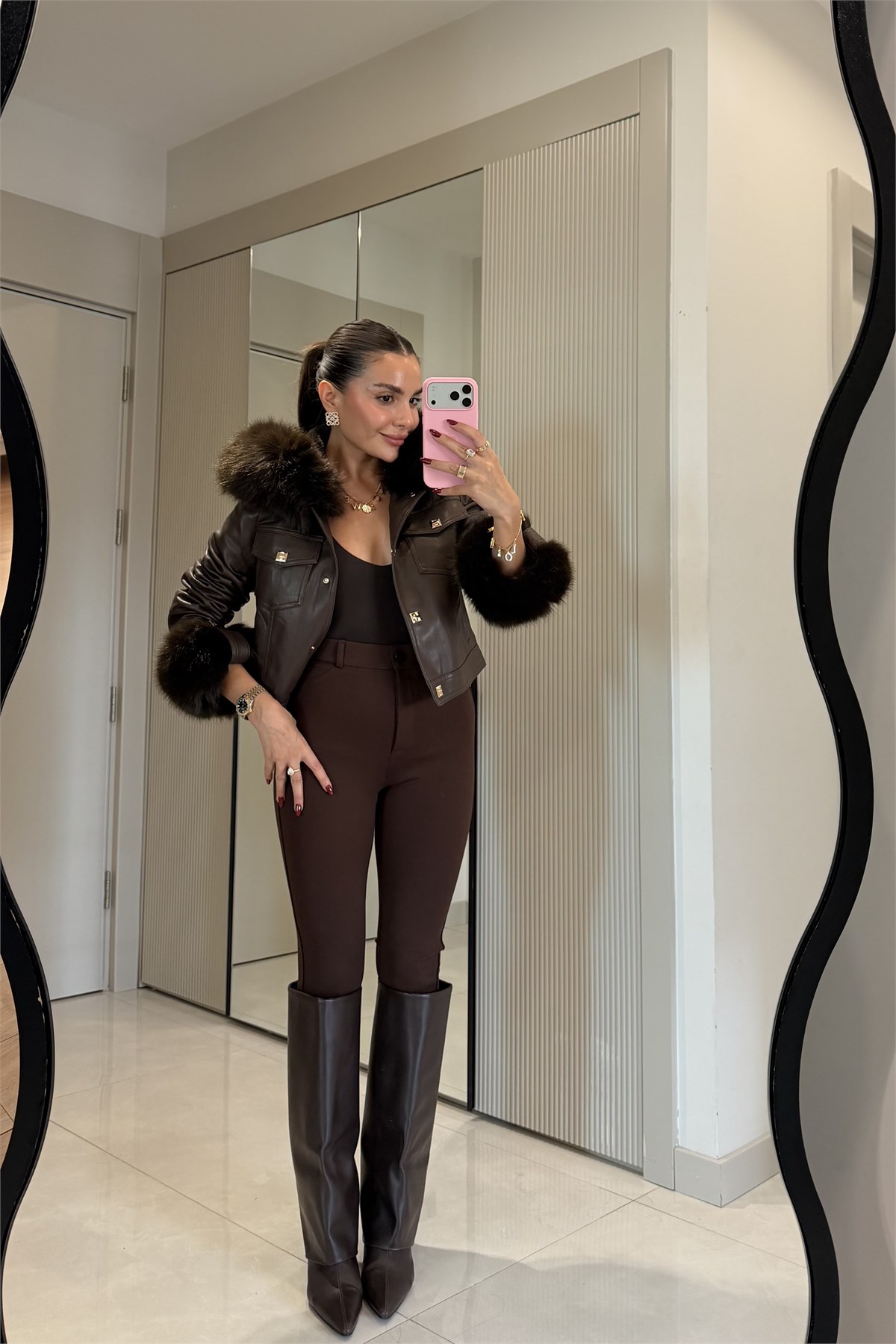 Valeria Kahve İçi Kürk Astarlı Premium Deri Mont