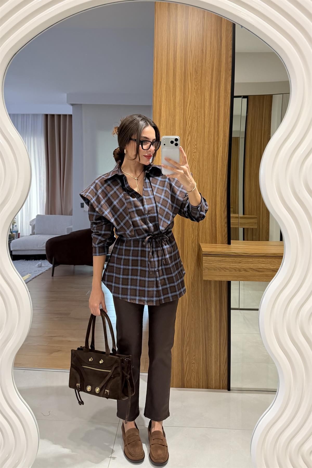 Valeria Kahve Şallı Ekose Gömlek