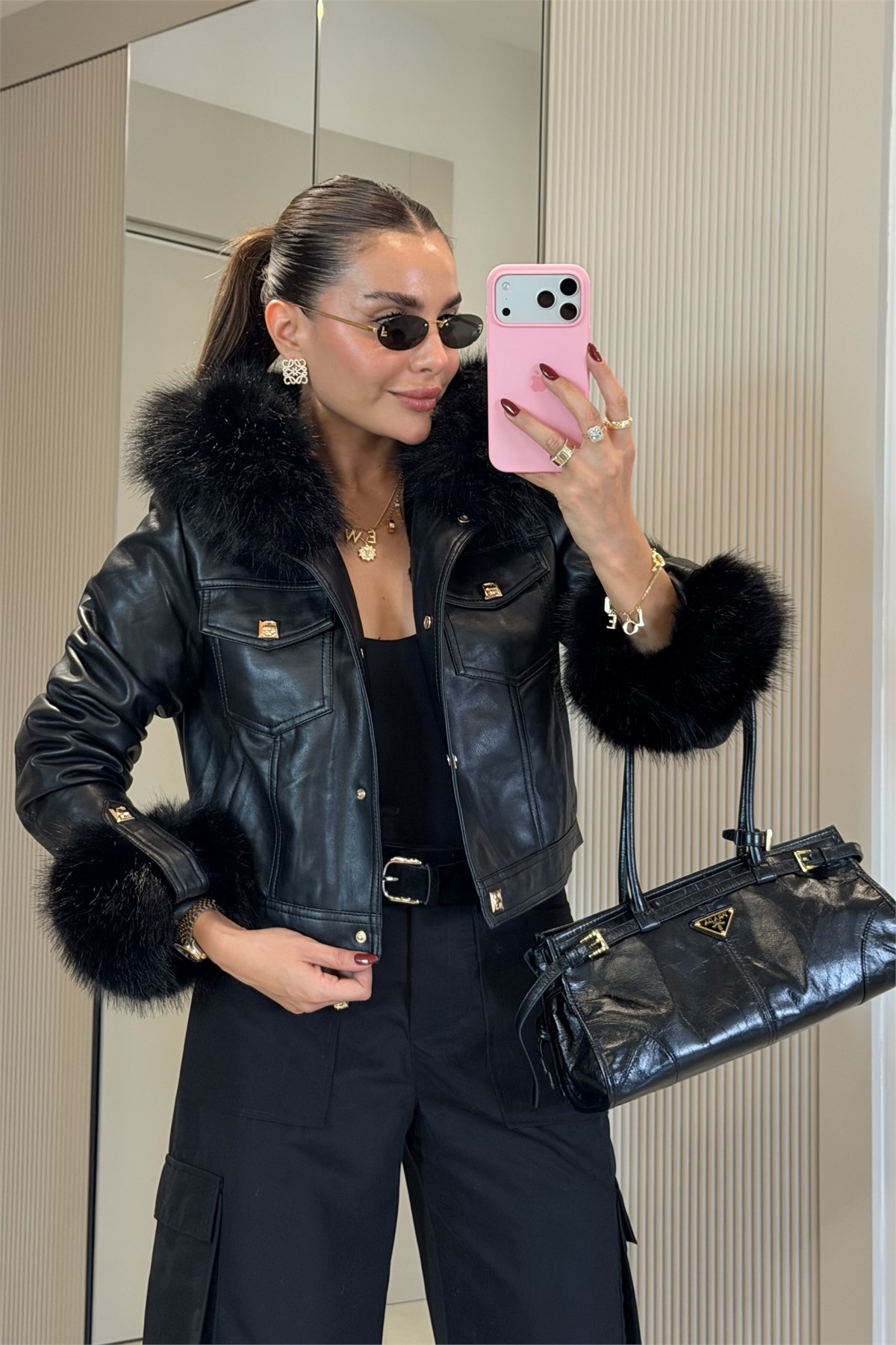 Valeria Siyah İçi Kürk Astarlı Premium Deri Mont