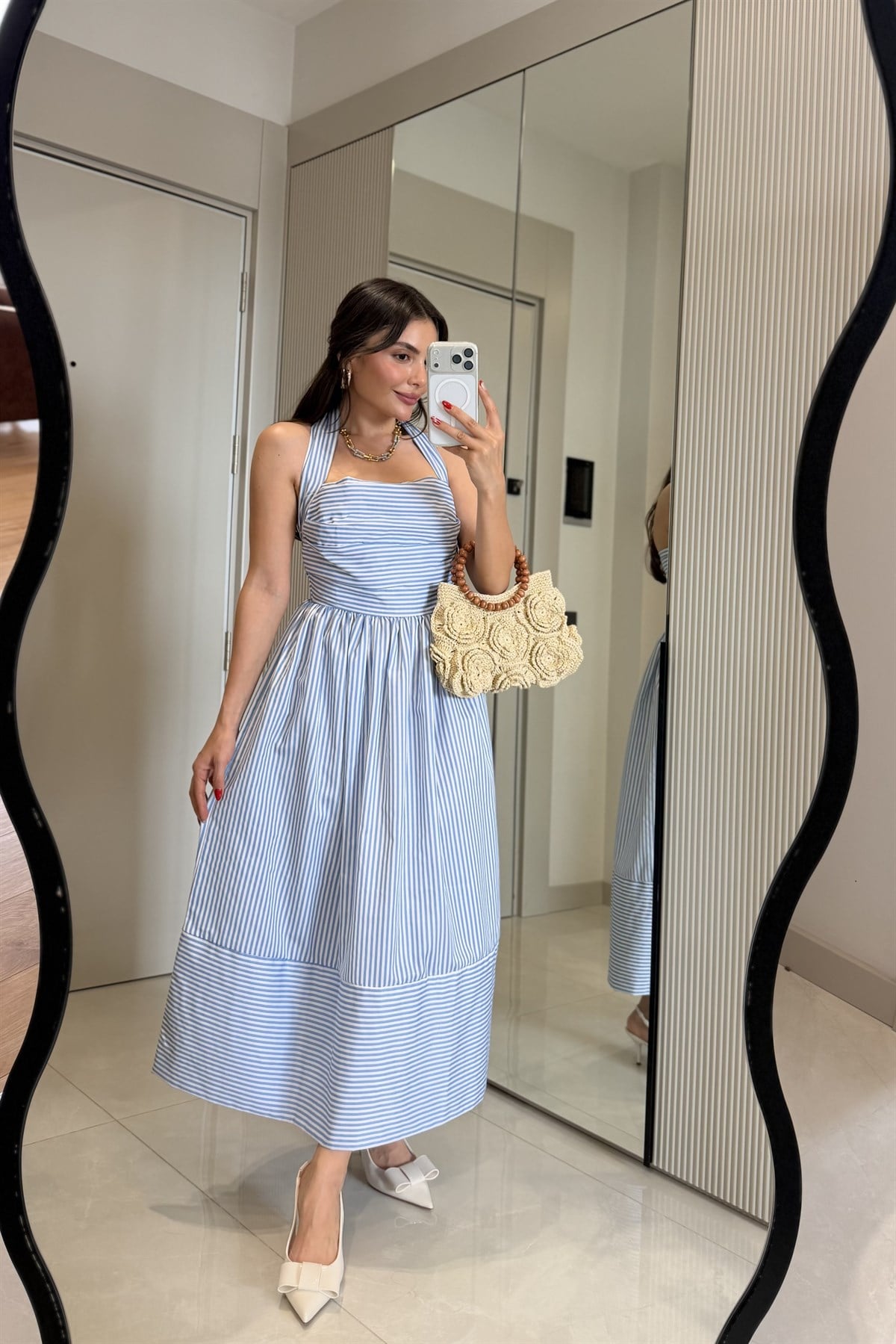 Valeska Mavi Çizgili Maxi Elbise