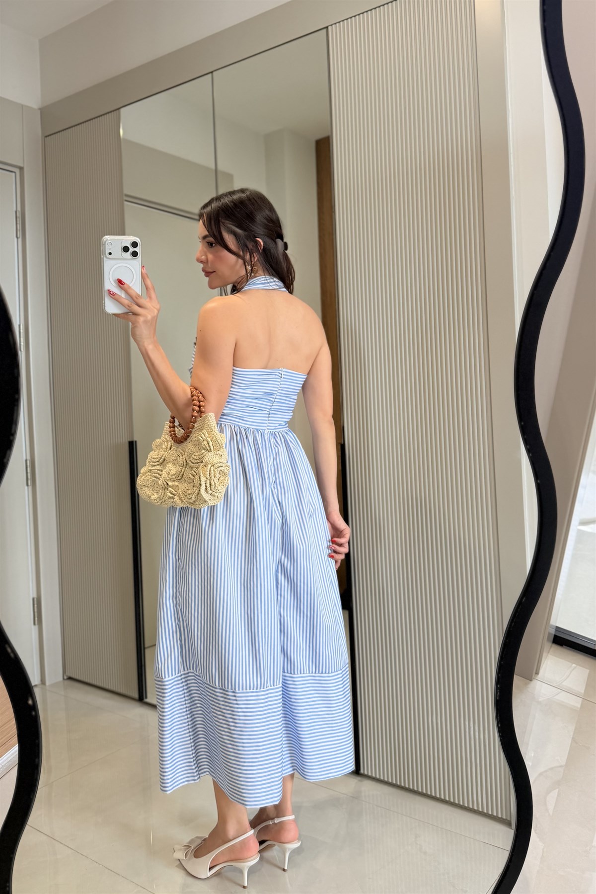 Valeska Mavi Çizgili Maxi Elbise