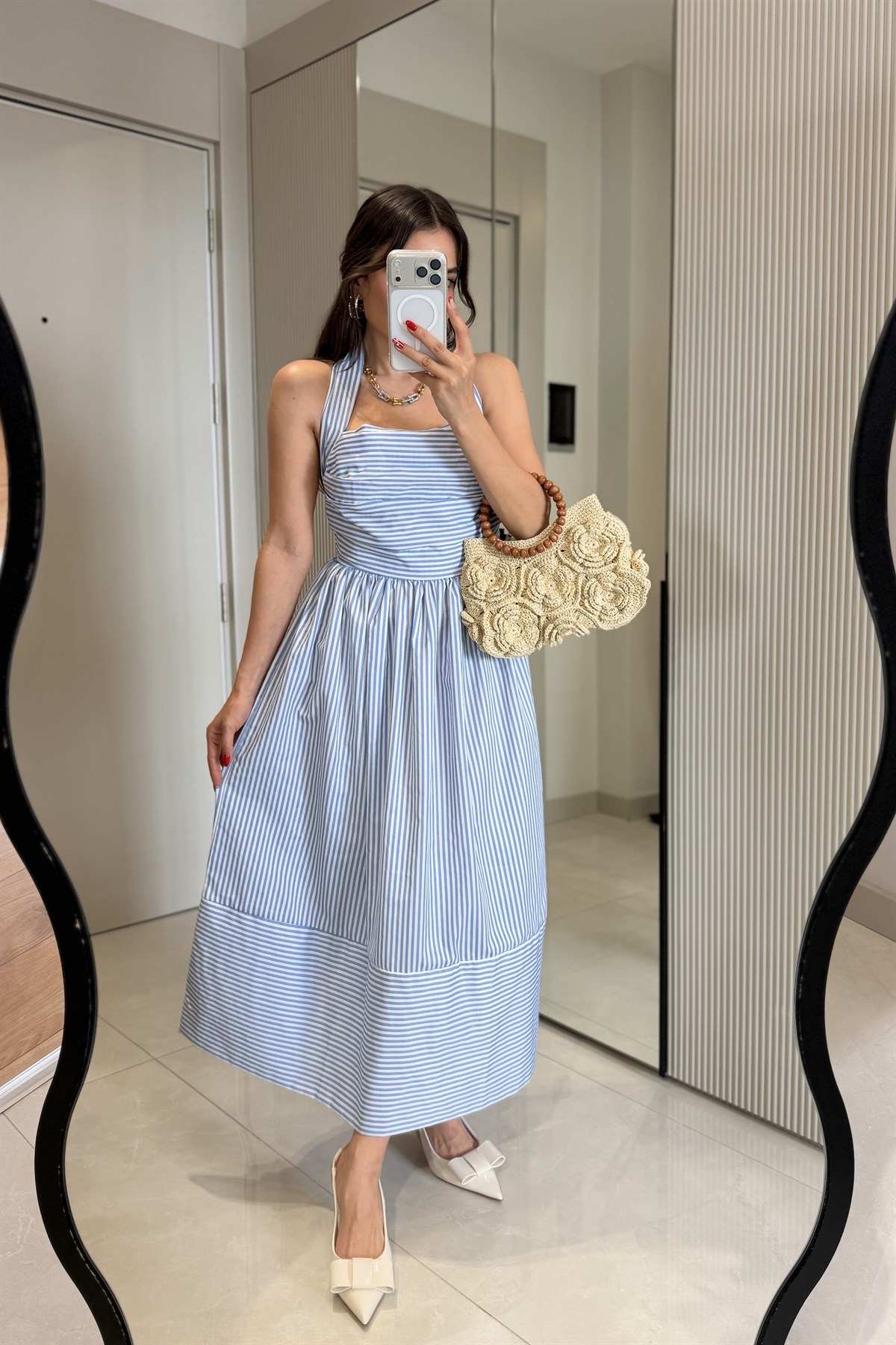 Valeska Mavi Çizgili Maxi Elbise