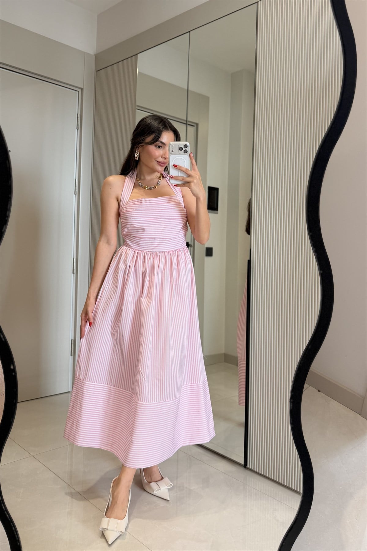 Valeska Pembe Çizgili Maxi Elbise