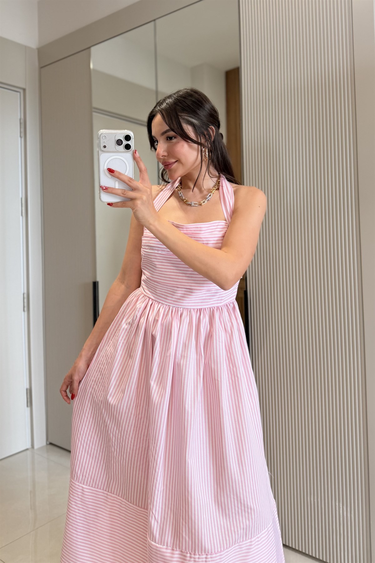 Valeska Pembe Çizgili Maxi Elbise