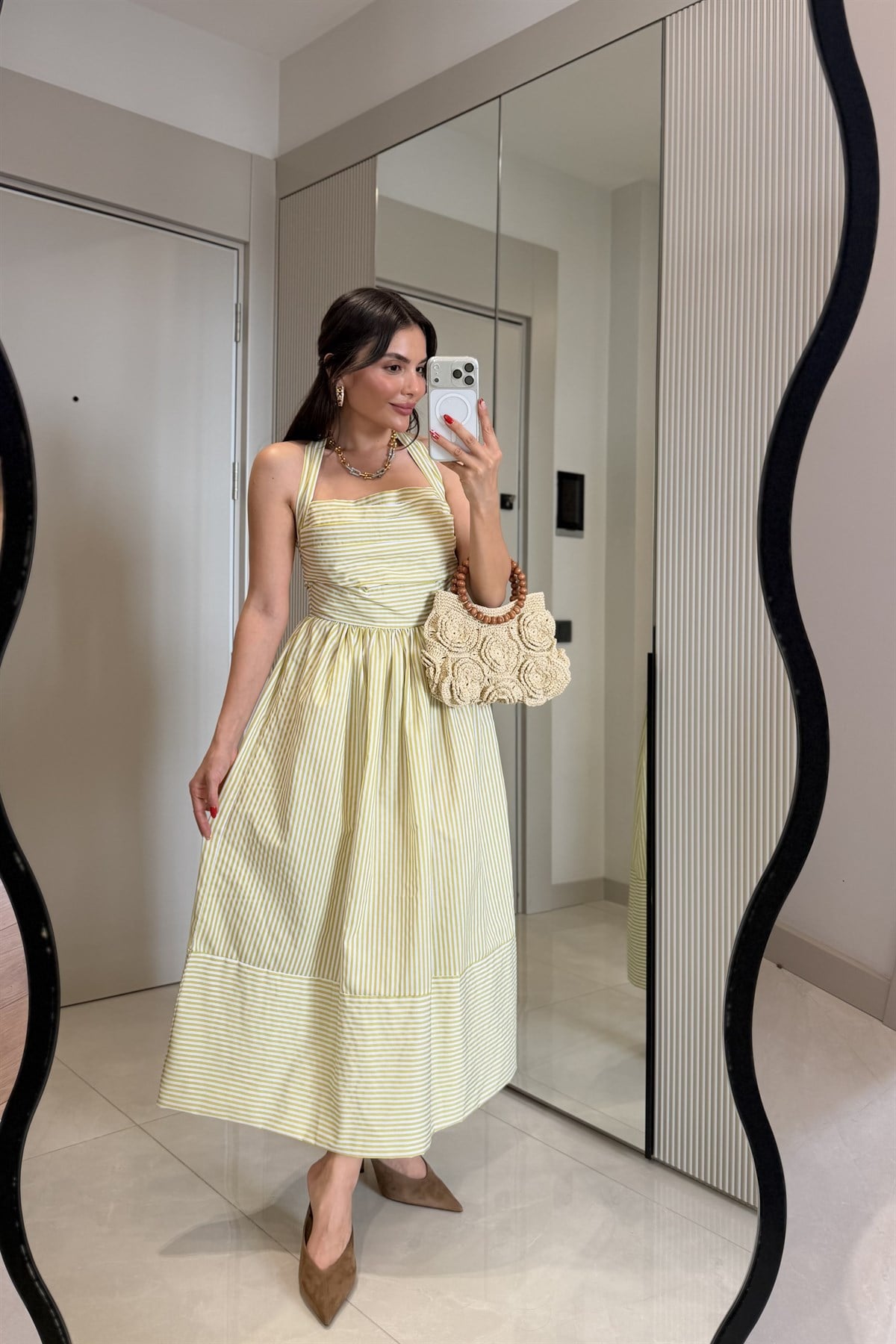 Valeska Yeşil Çizgili Maxi Elbise