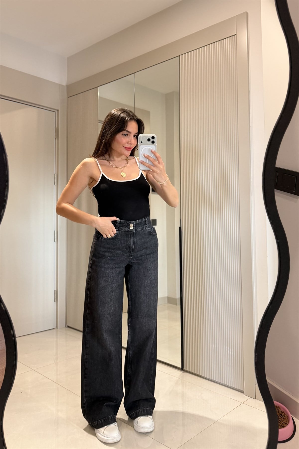 Valse Siyah Çift Düğmeli Wide Leg Jean 