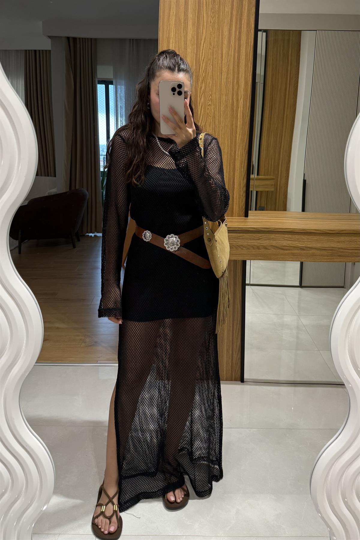 Vareli Siyah Astarlı File Elbise