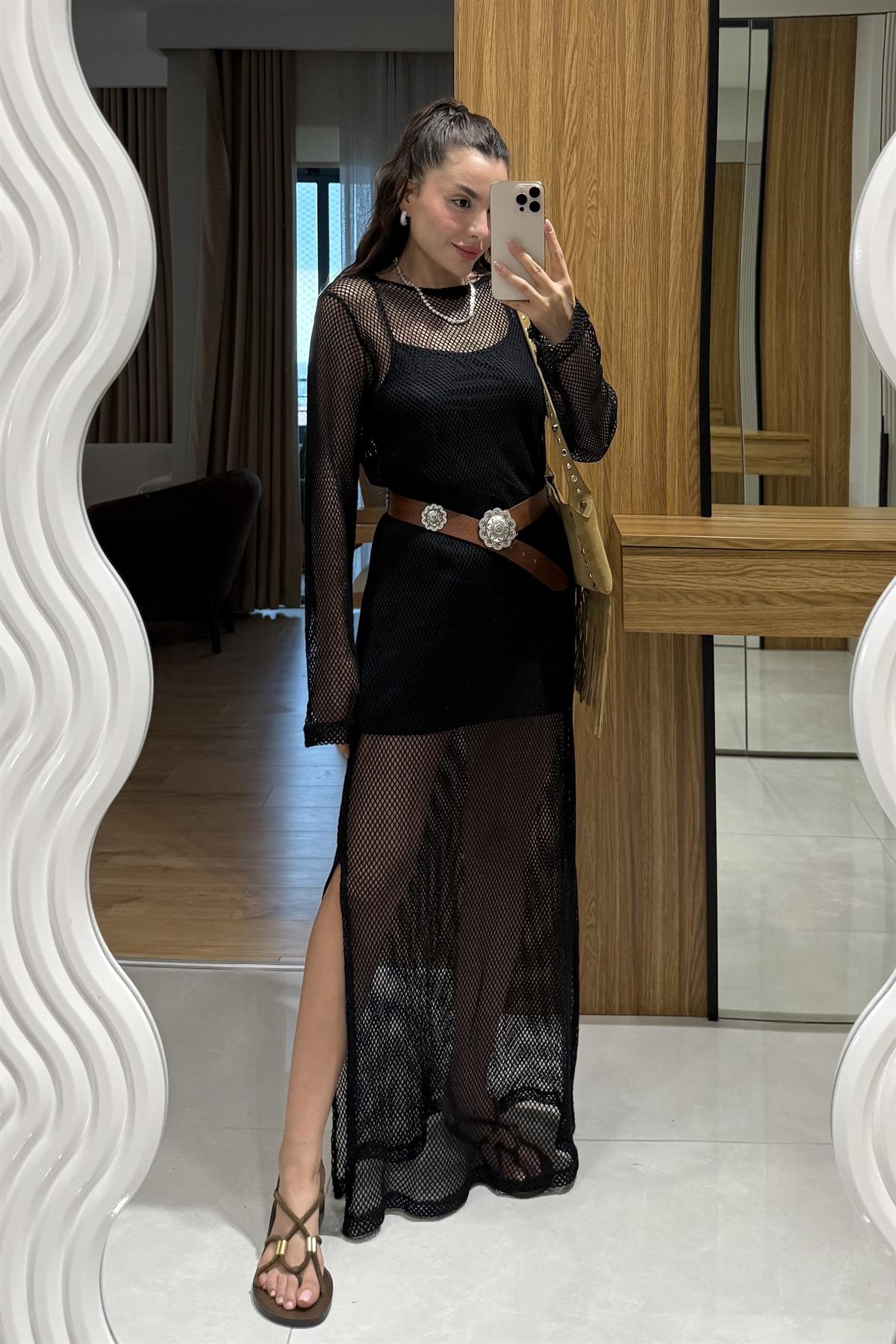 Vareli Siyah Astarlı File Elbise