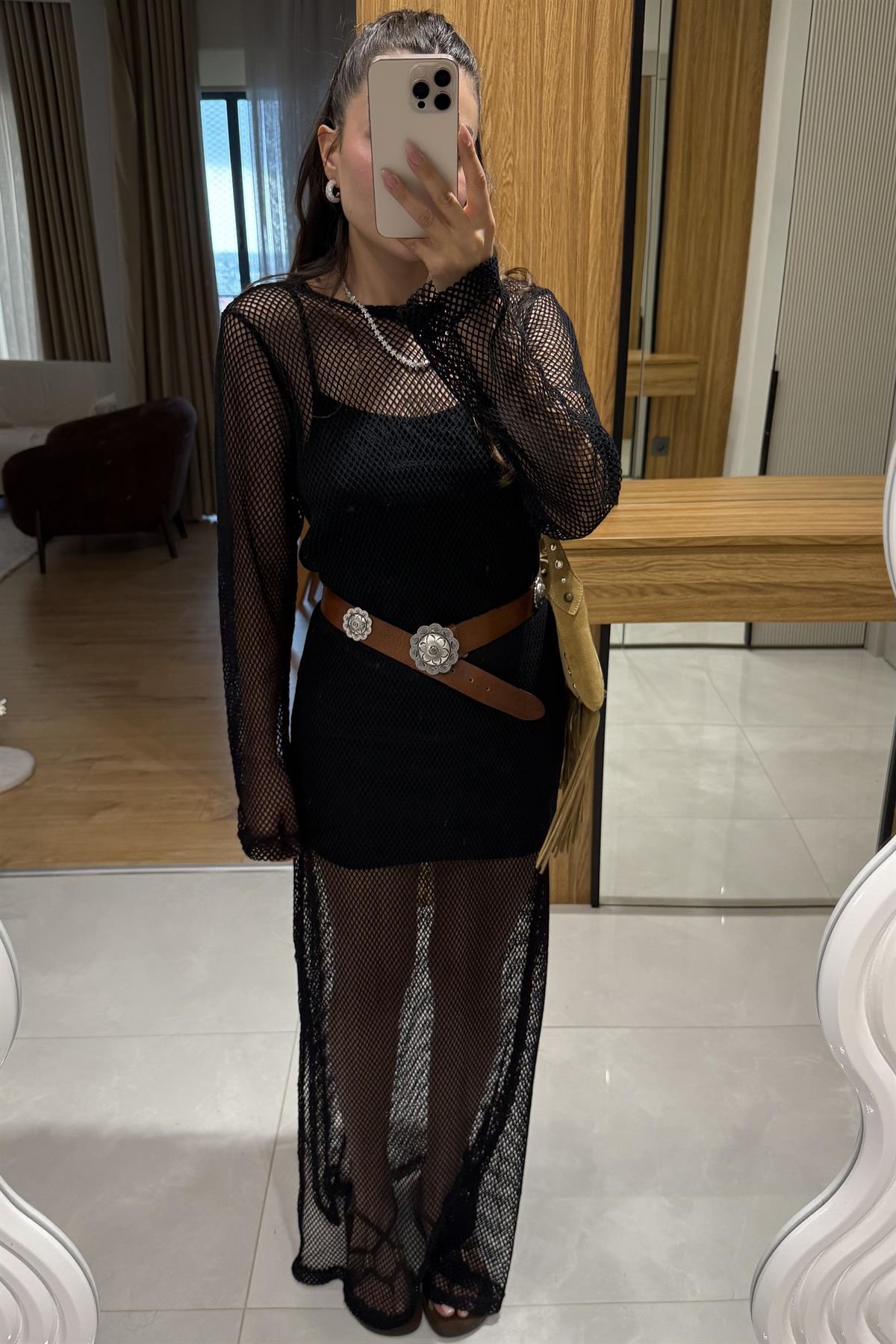 Vareli Siyah Astarlı File Elbise