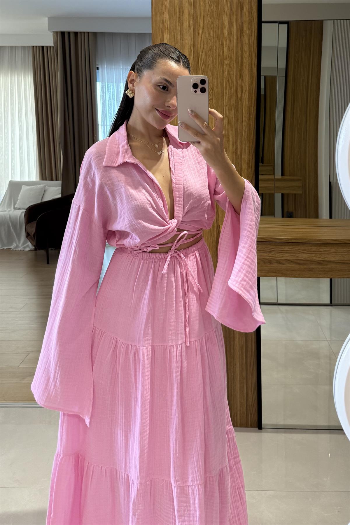 Vasse Pembe  Gömleği Bağlamalı Etekli Müslin Takım