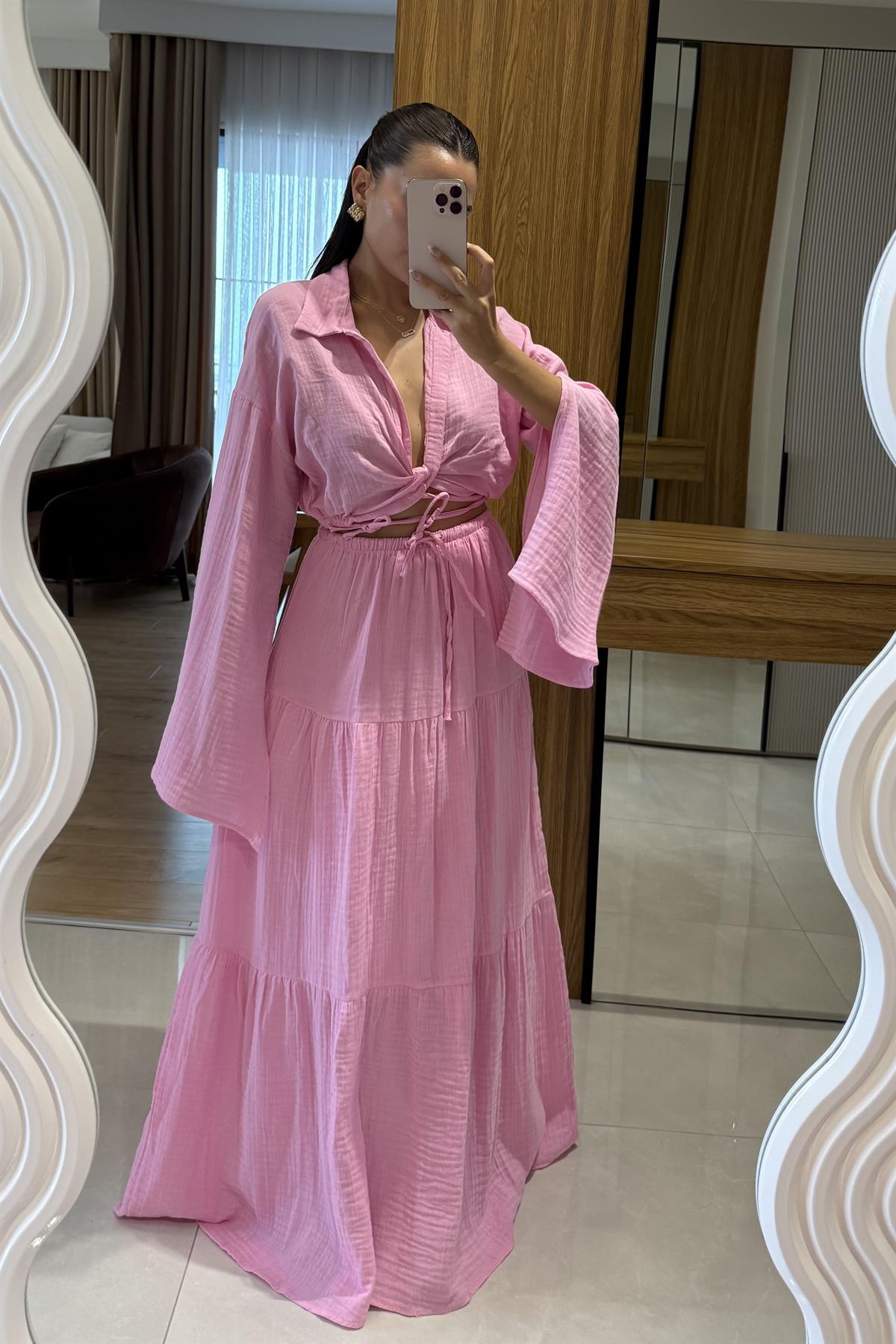 Vasse Pembe  Gömleği Bağlamalı Etekli Müslin Takım